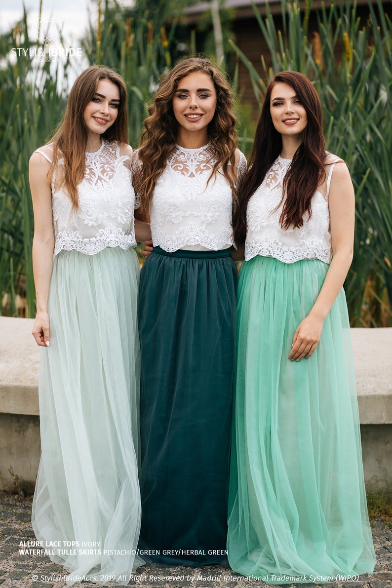 Boho Green Grey Palette Bridesmaid Separates : Pistachio/Green Grey/Herbal Green Waterfall Tulle Skirt and Allure Lace Tops Plus Size image 2