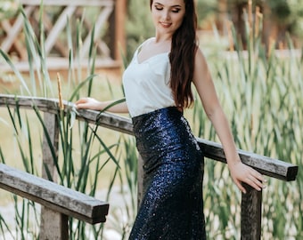 Navy Blue Sequined Pencil Skirt | Sparkly Sequin Tweed Skirt ANN