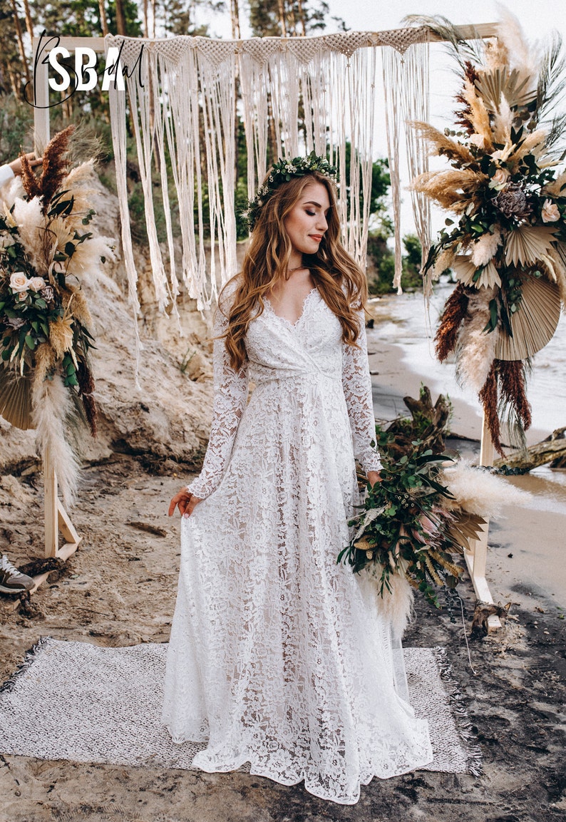 Lace beach boho wedding dress, simple rustic lace bridal dress long sleeves, minimalist lace boho dress open back Alyssa image 5