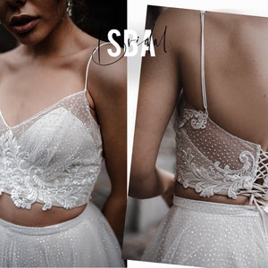 Charlotte Thin Strapped Glitter Crop Top, bridal crop top, bridal top, lace crop top, wedding top, glitter bridal topper - 2 pieces set