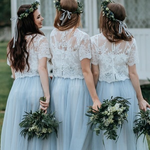 Dusty Blue Boho Bridesmaids Separates: Rustic Bridesmaid Dresses, Dusty Blue Waterfall Tulle Skirt and Belle Lace Top Available in Plus Size image 5