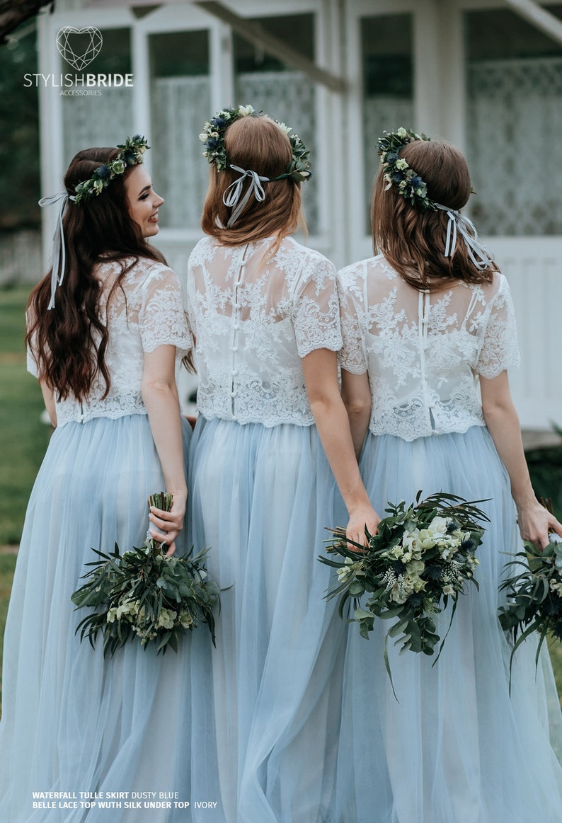 Dusty Blue Boho Bridesmaids Separates: Rustic Bridesmaid Dresses, Dusty Blue Waterfall Tulle Skirt and Belle Lace Top Available in Plus Size image 5
