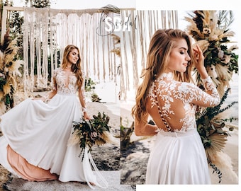 Floral beach boho bridal separates: A-line chiffon bridal skirt + glitter flower lace bodysuit, boho wedding dress, beach bridal gown | NOA