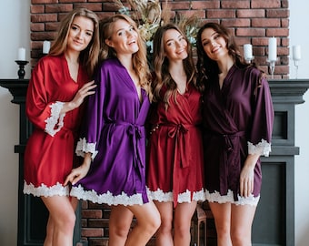 Wine & Purple Palette of Lux/Ember/Silk Bridesmaid Robes Thin Macrame Lace Trim, New'19 Collection, Bridesmaid Gift, purple wine bridesmaids