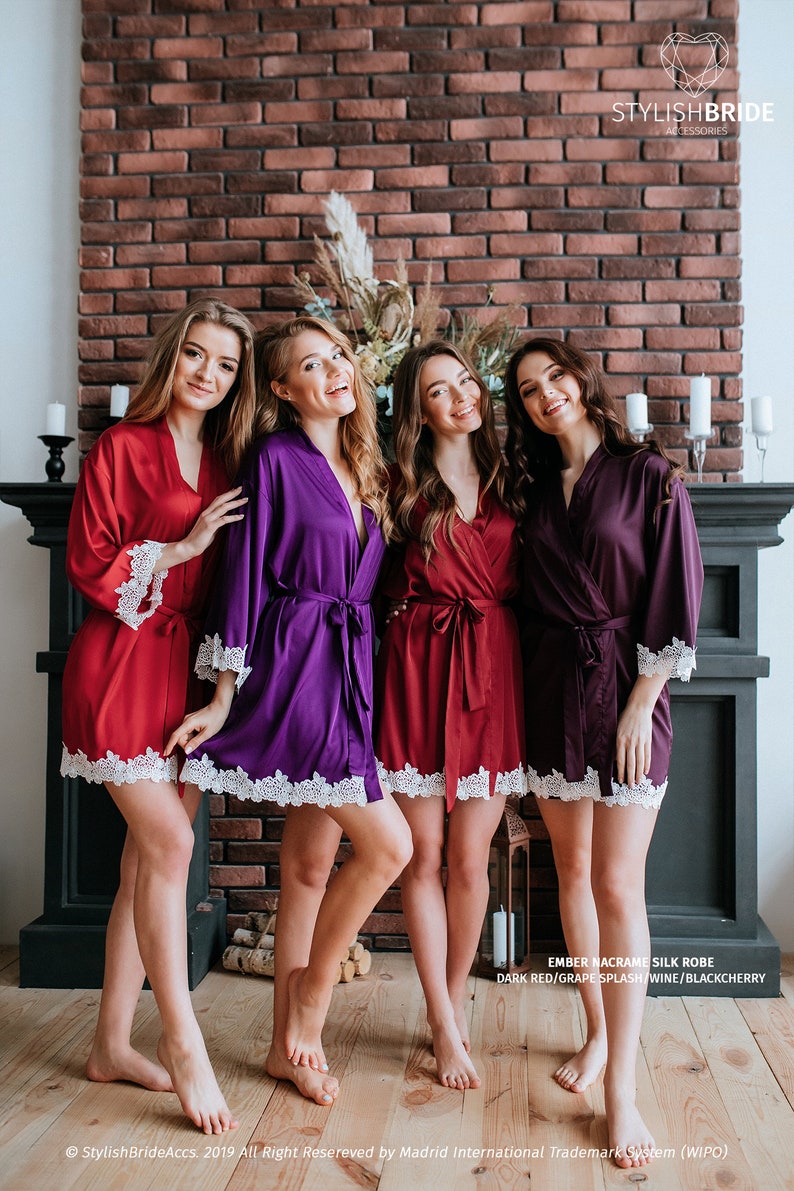 Wine & Purple Palette of Lux/Ember/Silk Bridesmaid Robes Thin Macrame Lace Trim, New'19 Collection, Bridesmaid Gift, purple wine bridesmaids image 1