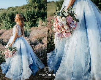 Indigo/Dusty Blue Ombre Swan Glitter Engagement or Wedding Dress, Waves Horsehair Dress, Gina Glitter Waves  Blue Wedding Dress