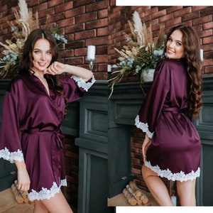 Blackcherry Lux Silk Robe, Wedding Dark Purple Robes, Bridal Party Robes, Bridesmaids Purple Robe | Ember