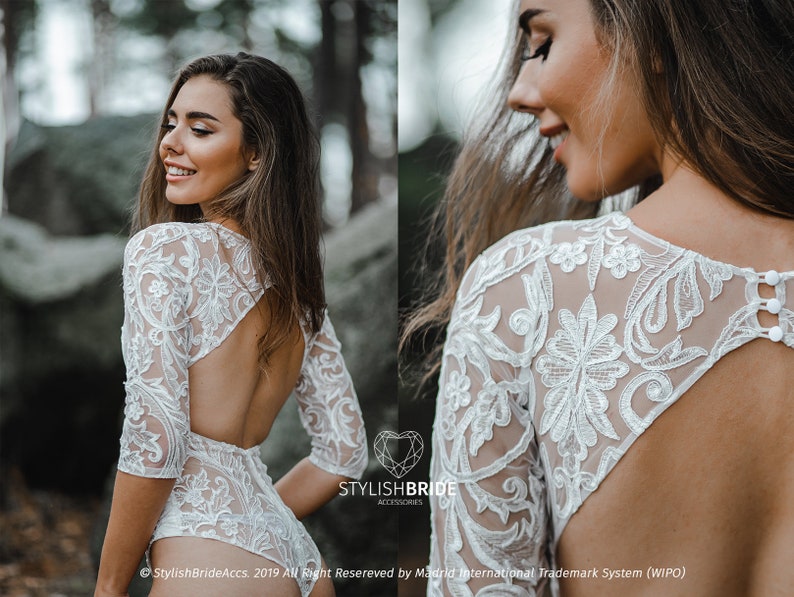 ready to ship #1714 Open Buttoned Back Boho Bodysuit Lace Backless Bridal Bodysuit In stock Size XS: Alice Lux Lace Bodysuit