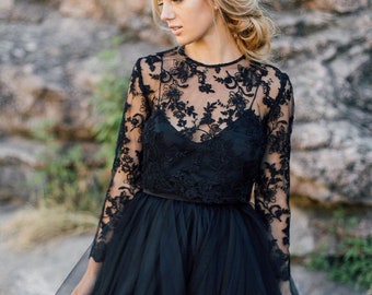 Black Lace floral top with long sleeves, Engagement Wedding Lace Crop Top, Bridal Lace Plus Size Top and Silk Cami Top |Albertine
