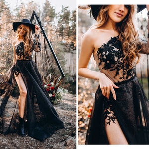 Black floral lace bodysuit and mini skirt with glitter black overskirt, black gothic dress separates| Midnight bodysuit + Glitz overskirt