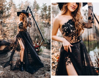 Black floral lace bodysuit and mini skirt with glitter black overskirt, black gothic dress separates| Midnight bodysuit + Glitz overskirt