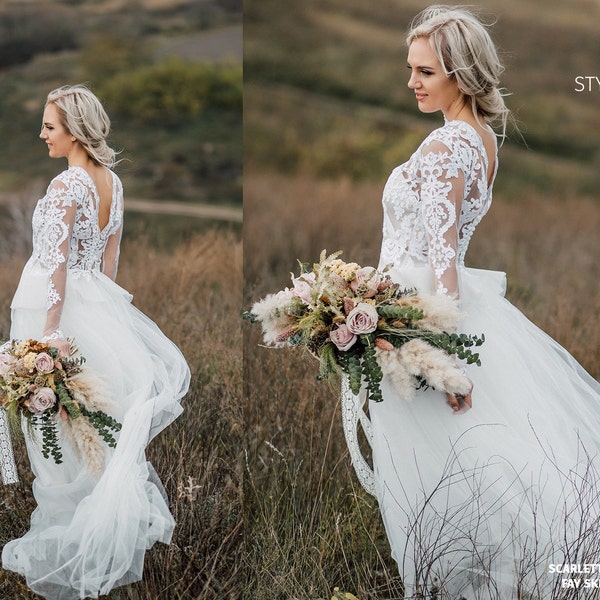 Scarlett Boho Wedding Dress with Extended Basque, New  Bridal Separates, Simple Bridal Rustic Trendy Wedding Gown - 3 pieces set