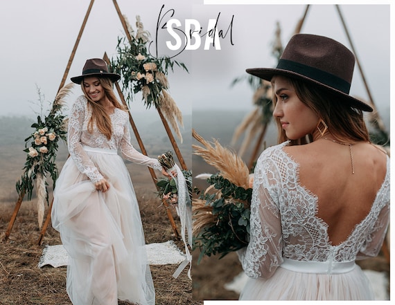 Aster Boho Wedding Dress, Ombre Lace Separates, Two Piece Tulle Dress,  Bridal Lace Dress Open Back, Lace Bodysuit, Bridal Separates by SBA 