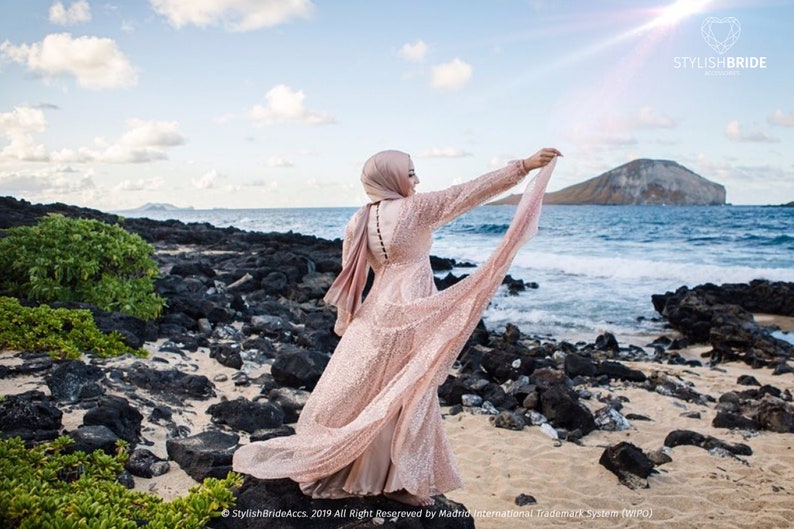Sequined Muslim Wedding Dress / Rose Gold Mermaid Glitter Bridal Dress, Full Closed Bridal Dress with Long Sleeve, Hijab Bridal Dress image 4