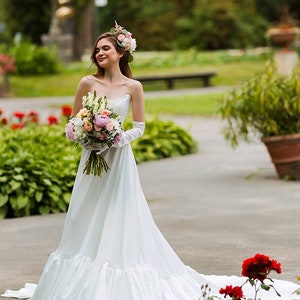 Euphoria: Trendy Wedding Dress Set With Voluminous Silk Satin Ruffle Skirt, Bridal Corset and High Satin Gloves image 6