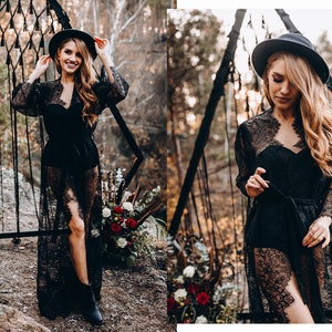 Black maxi floral lace bridal robe bridal Chantilly lace  lace dress Bridesmaid robes Bridesmaid Gift Bridal Party Robes | Serenity