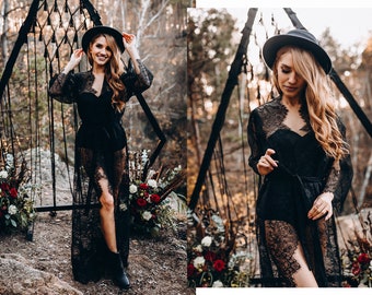 Black Maxi Floral Lace Bridal Robe 