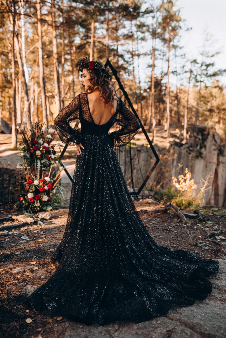 NEW Black Mermaid bridal dress, black wedding dress, black sequined sparkle gown, gothic wedding dress, black prom dress Mermaid image 5