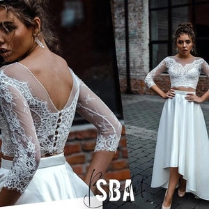 Rosaleen Off Shoulders Lace Top with Long Sleeves, Low Shoulders Lace Bridal Top Buttoned Back, Engagement Lace Party Top, SBA