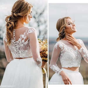 Mia Glitter Wedding Top, Waves Glitter and Flower Lace Crop Top with Long Sleeves, Engagement plus size,  Wedding