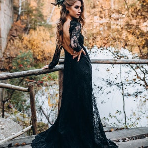 Floral Lace black wedding dress with deep v-back, black lace bridal dress long sleeves plus size Botanical Floral Wedding Dress Rosaleen image 7