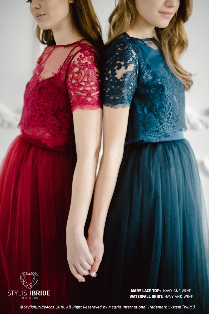 Navy Lace Mary Dress, Bridesmaids Long Dark Blue Waterfall Tulle Skirt, Blue Engagement Prom Dresses Plus Size image 3