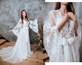 Bird of paradise BOHO chiffon floor-length robe with wide macrame sleeves, Bbohemian luxury bridal chiffon lace maxi robe