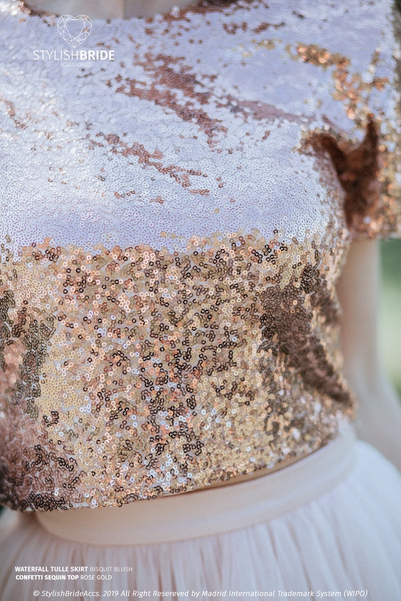 Rose Gold Sequin top with Silk Satin Soft Lux Lining, Confetti Prom Party or Engagement Rose Gold Sequined Blouse Plus Size image 3