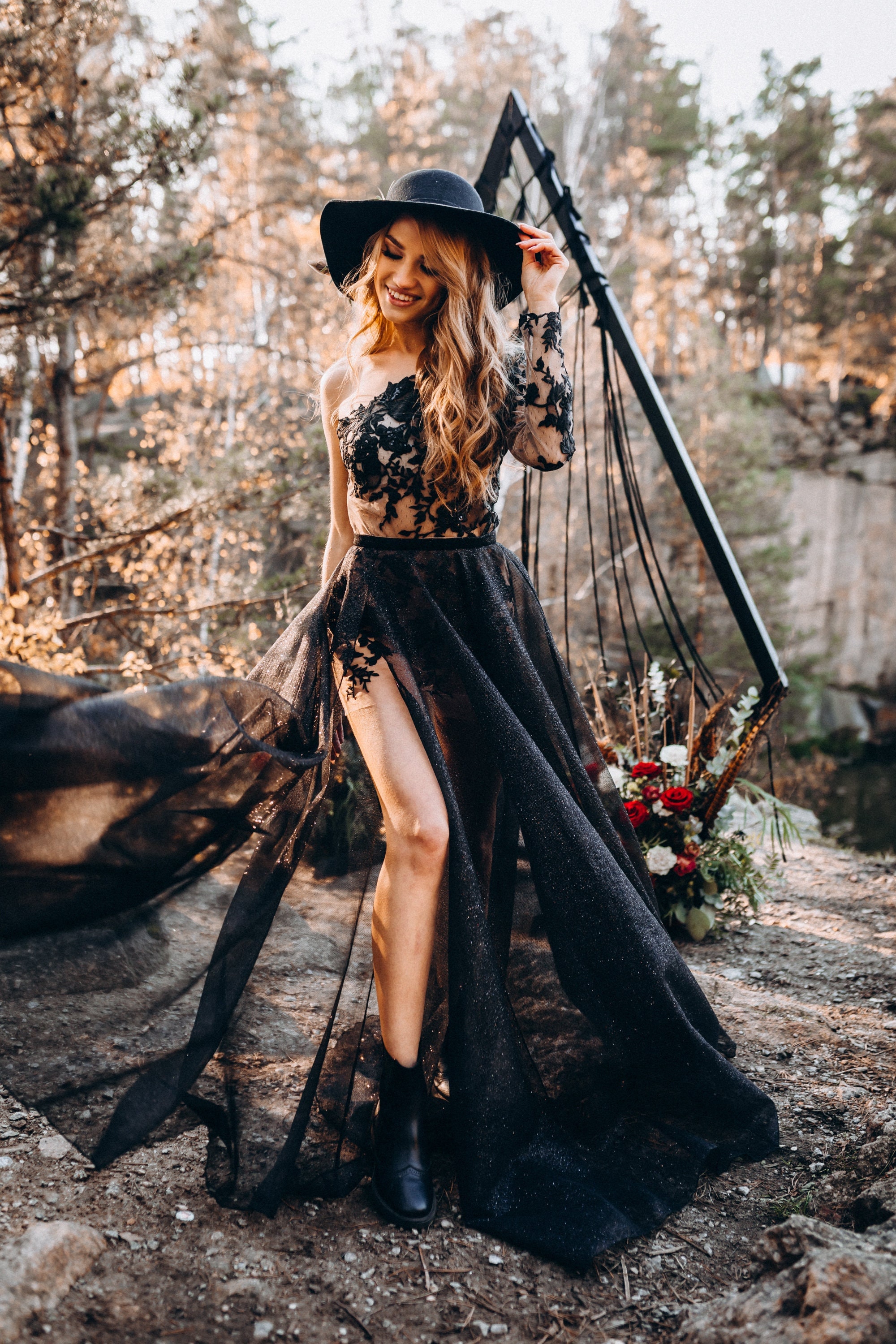 Dark Floral Lace Bodysuit and Mini Skirt With Glitter Black