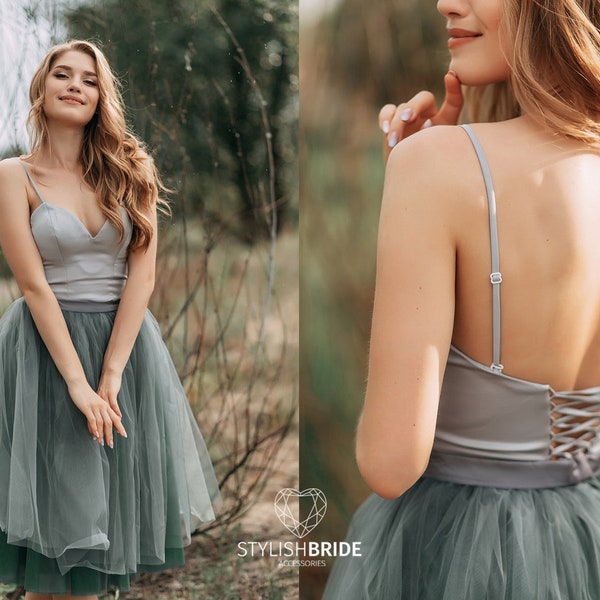 Sage Green Storm Ombré Tulle Skirt with Grey Silk Lucie Bustier, Green Gray Prom Trendy Tulle Dress Plus Size