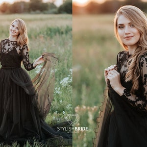 Black Wedding Tulle Dress with Hemmed Skirt Edges Bridal Boho Separates Engagement Evening Dress Albertine Lace Top and Long tulle skirt