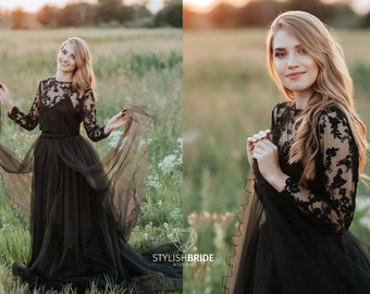 Black Wedding Tulle Dress with Hemmed Skirt Edges Bridal Boho Separates Engagement Evening Dress Albertine Lace Top and Long tulle skirt