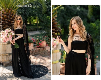 Black Nymph Suit: Wedding Black Satin Suit Set - Bridal Silk Satin Extra Wide Pants, Bandeau Bustier and Black Lace Cape