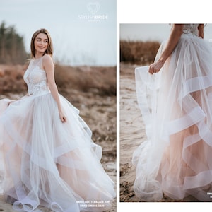 Boho Wedding Swan Ombre Dress, Bridal separates: Horsehair Skirt Ivory & Light Blush and Annie Glitter Lace Top