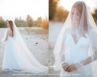 Pearl Cathedral Veil, Long Soft Tulle Veil With Pearls Embroidery, Boho Veil, Gorgeous veil with beads, Veil with Pearls