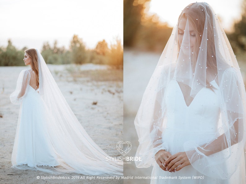 Pearl Cathedral Veil Long Soft Tulle Veil With Pearls Etsy