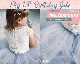 Dusty Blue Flower Girl Dress Ombre, Tulle Lace Dress from Mary Lace, Baby Lace Top Sleeveless, Flower Girl Tulle Dresses