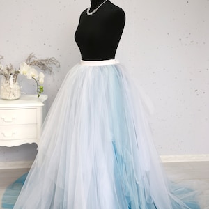 Dusty Blue & White Magic Ombre Wedding Tulle Dress with Train, Bridal Blue Tulle Skirt Long, Blue White Bridal Separates