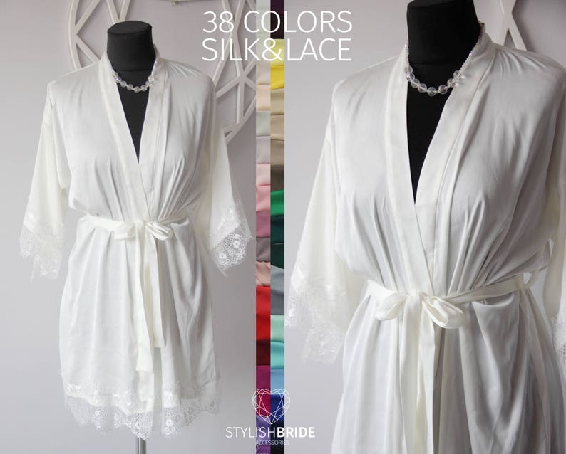 Silk Bridal Robe White Ivory Blush White Ivory Silk Wedding Robe Lace Bridal Robe White Blue Wine Red Lace Robe Lace Sleeve Robe