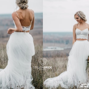 Isabel Boho Wedding Dress with Spaghetti Straps - 3 pieces set Bohemian Bridal Separates Lace bustier in corset style and tulle skirt