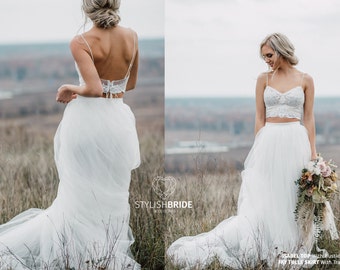 Isabel Boho Wedding Dress with Spaghetti Straps - 3 pieces set Bohemian Bridal Separates Lace bustier in corset style and tulle skirt
