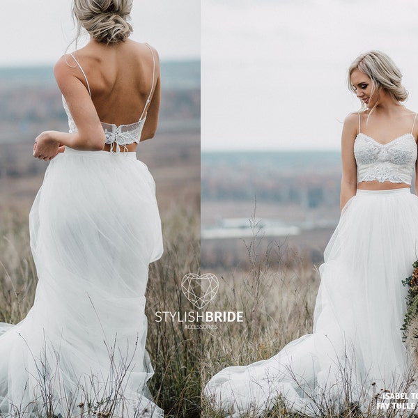 Isabel Boho Wedding Dress with Spaghetti Straps - 3 pieces set Bohemian Bridal Separates Lace bustier in corset style and tulle skirt