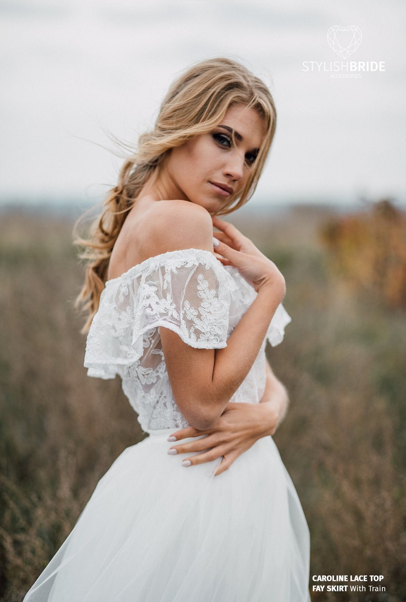 Carolina Boho Lace Off-The-Shoulder Dress, Bridal Lace Tulle Dress, Deflated Shoulders Simple Wedding Rustic Gown image 4