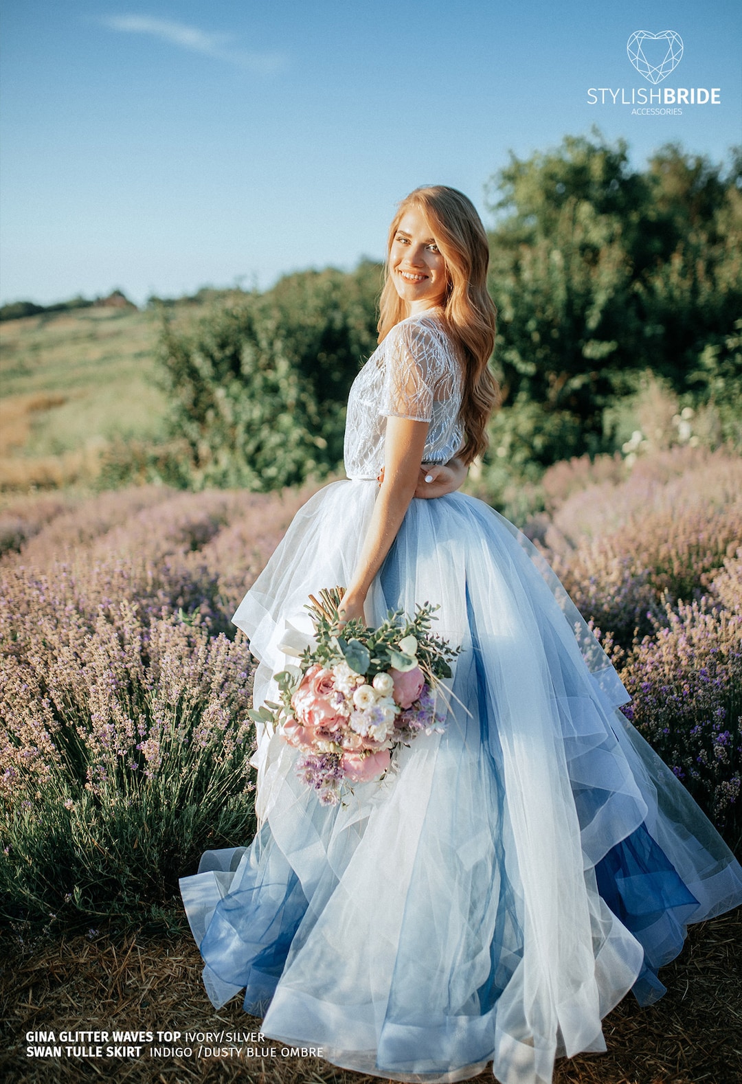 Buy Ombre Tulle Wedding Dress: Indigo Swan Glitter, Horsehair Waves Online  in India