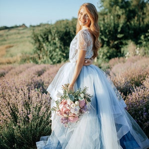 Indigo/Dusty Blue Ombre Swan Glitter Engagement or Wedding Dress, Waves Horsehair Dress, Gina Glitter Waves  Blue Wedding Dress