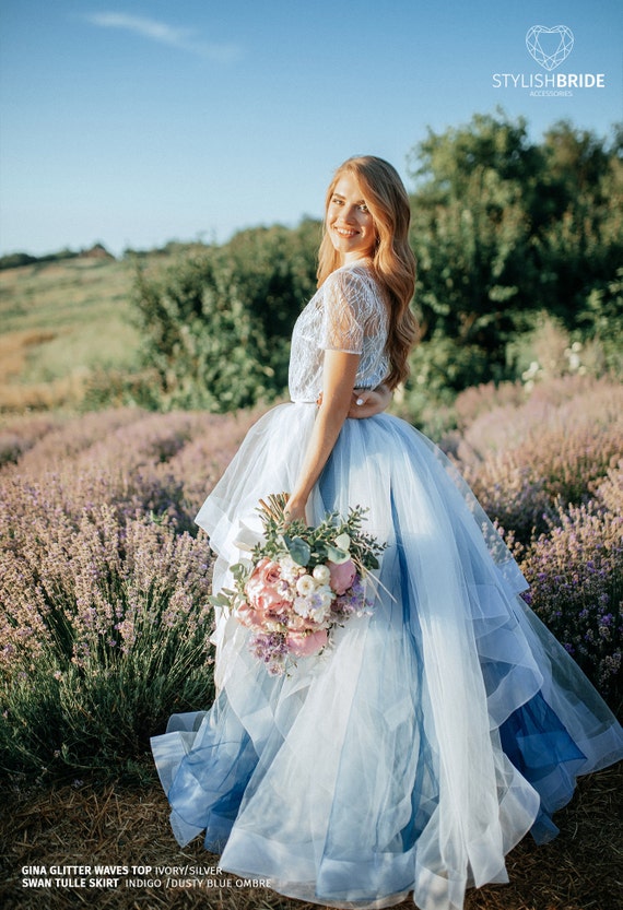 Indigo/dusty Blue Ombre Swan Glitter Engagement or Wedding Dress