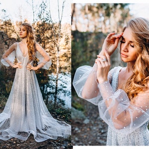 NEW Ombre glitter wedding gown, trendy princess glitter bridal dress, wedding, silver grey bridal dress with silk slip Elsa dress image 1