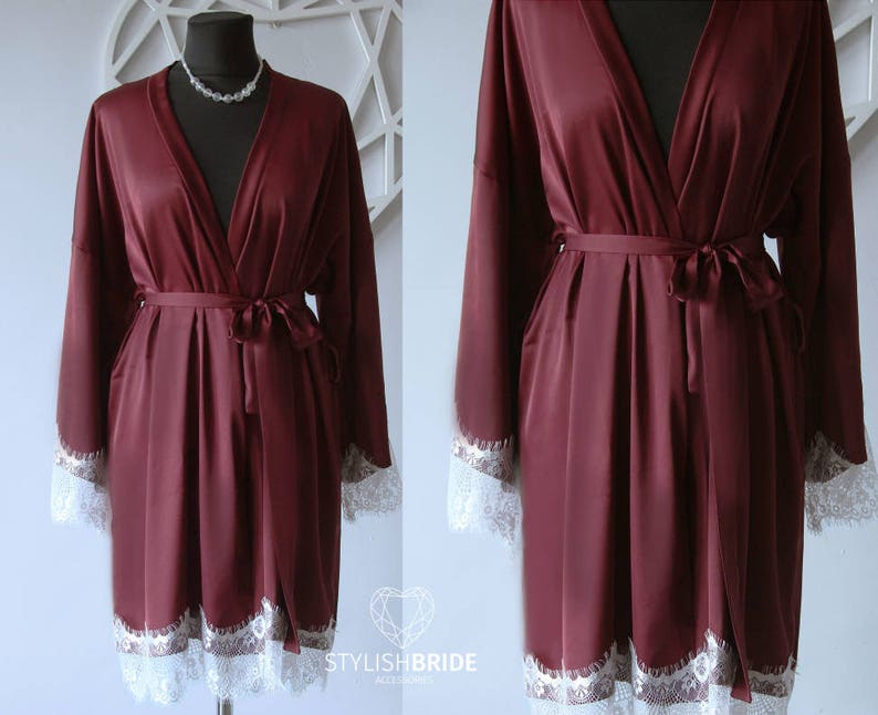 Silk Bridal Robe White Ivory Blush White Ivory Silk Wedding Robe Lace Bridal Robe White Blue Wine Red Lace Robe Lace Sleeve Robe