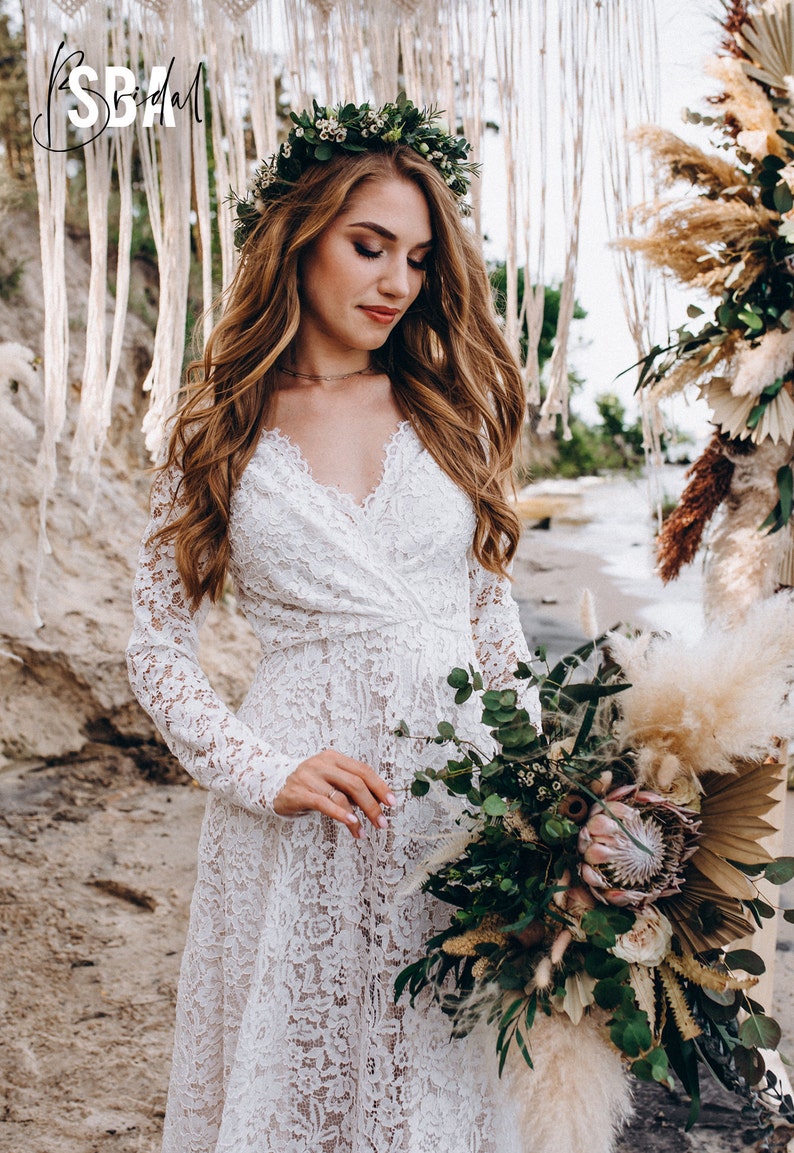Lace beach boho wedding dress, simple rustic lace bridal dress long sleeves, minimalist lace boho dress open back Alyssa image 6
