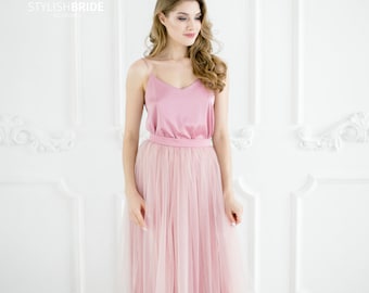 Dark Blush Tulle Dress with Silk Classic Cami Top for Bridesmaids, Blush Long Floor Length Waterfall Tulle Skirt, Prom Blush Dress